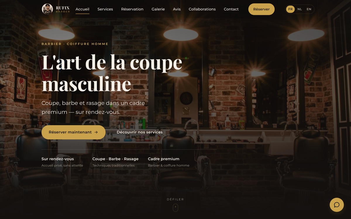 Page d’accueil du site Rufix Barber, avec le titre « L’art de la coupe masculine »