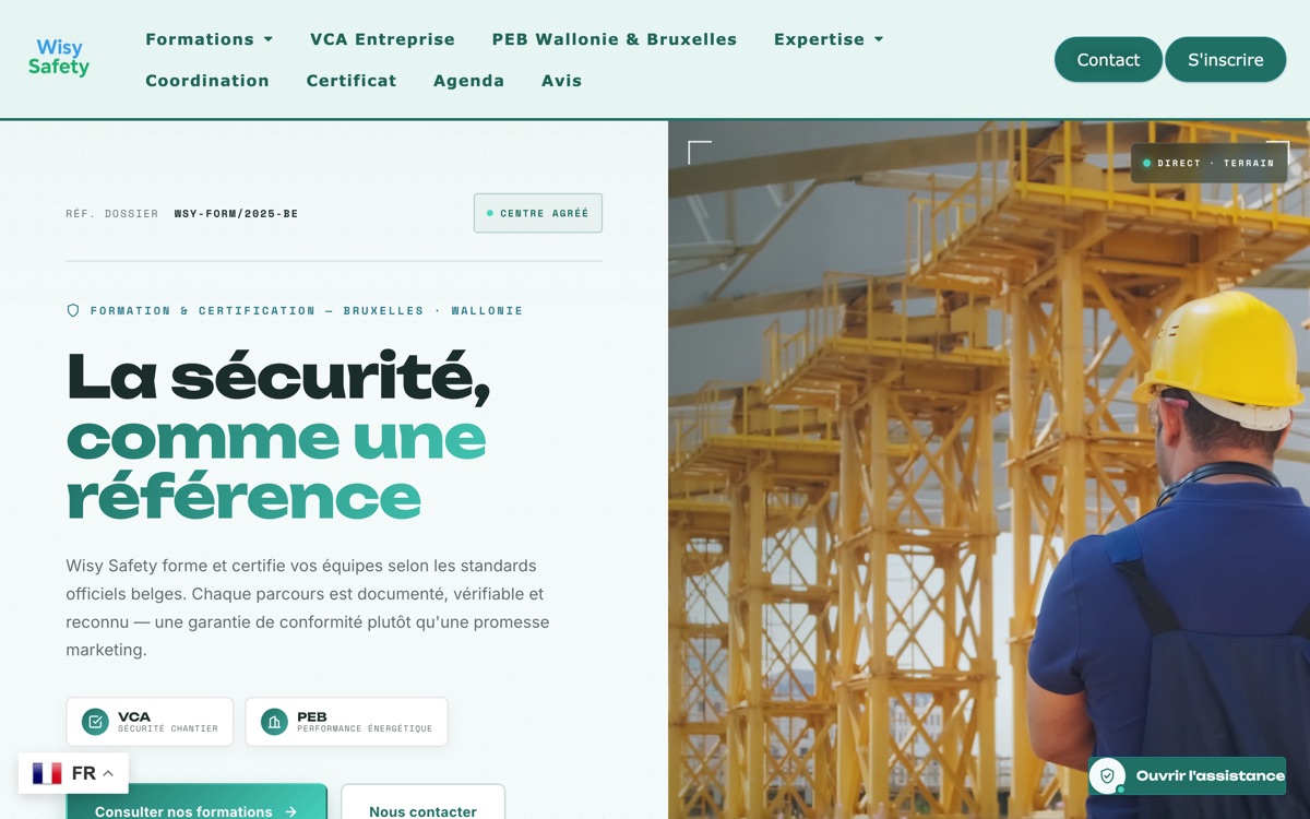 Page d’accueil du site Wisy Safety, avec le titre « La sécurité, comme une référence »